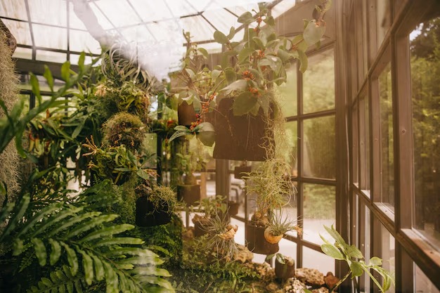 A greenhouse filled with various plants, showcasing vibrant greenery and natural light filtering through the glass panels