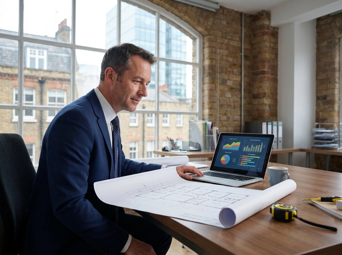Real estate appraiser reviewing architectural blueprints and property valuation data on a laptop